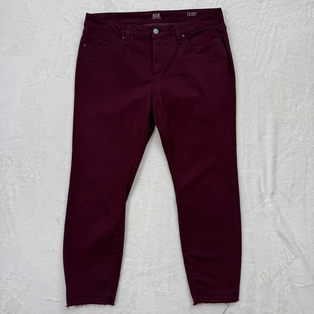 ANA Pants Womens 12 Burgundy Skinny Ankle Raw Hem Mid Rise Stretch Jeans